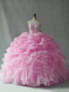 Hot Selling Baby Pink Organza Lace Up Strapless Sleeveless 15th Birthday Dress Brush Train Beading and Ruffles and Pick Ups
