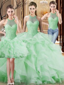 Apple Green Organza Lace Up Halter Top Sleeveless Sweet 16 Dresses Brush Train Beading and Ruffles