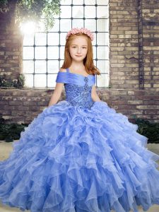 Blue Lace Up Little Girl Pageant Dress Beading and Ruffles Sleeveless Floor Length