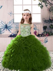 Organza Scoop Sleeveless Lace Up Beading and Ruffles Kids Pageant Dress in Olive Green
