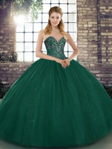 Luxury Tulle Sweetheart Sleeveless Lace Up Beading Quinceanera Dresses in Peacock Green