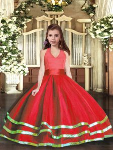 Dramatic Red Ball Gowns Halter Top Sleeveless Tulle Floor Length Lace Up Ruffled Layers Little Girls Pageant Dress