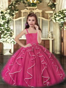 Trendy Fuchsia Lace Up Straps Ruffles Little Girl Pageant Gowns Tulle Sleeveless