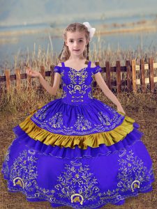 Affordable Blue Satin Lace Up Kids Formal Wear Sleeveless Floor Length Beading and Embroidery
