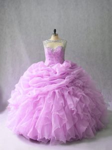 Lilac Organza Lace Up Ball Gown Prom Dress Sleeveless Brush Train Beading and Ruffles