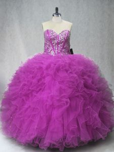 Fashionable Fuchsia Sweet 16 Quinceanera Dress Sweet 16 and Quinceanera with Beading and Ruffles Scoop Sleeveless Lace Up