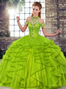 Tulle Halter Top Sleeveless Lace Up Beading and Ruffles Quinceanera Gowns in Olive Green