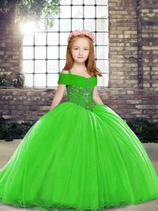 Custom Fit Green Lace Up Straps Beading Child Pageant Dress Tulle Sleeveless Brush Train