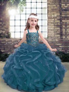Modern Blue Straps Lace Up Beading and Ruffles Girls Pageant Dresses Sleeveless