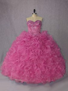 Rose Pink Sweet 16 Dresses Halter Top Sleeveless Brush Train Lace Up