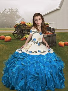 Blue and Baby Blue Ball Gowns Straps Sleeveless Organza Floor Length Lace Up Embroidery and Ruffles Child Pageant Dress