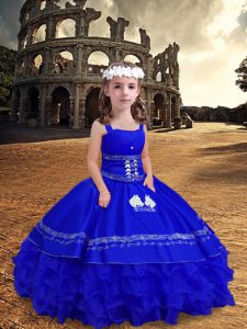 Discount Royal Blue Pageant Gowns For Girls Wedding Party with Embroidery and Ruffled Layers Straps Sleeveless Zipper