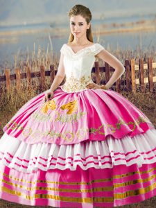 Wonderful Hot Pink V-neck Neckline Embroidery and Ruffled Layers Sweet 16 Dress Sleeveless Lace Up