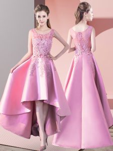 Designer Baby Pink Satin Zipper Dama Dress for Quinceanera Sleeveless High Low Lace