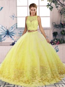 Traditional Yellow Sleeveless Sweep Train Lace Sweet 16 Dresses