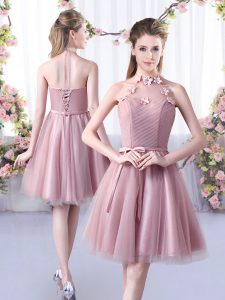 New Style Knee Length Pink Quinceanera Court Dresses Tulle Sleeveless Appliques and Belt