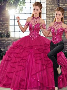 Cute Sleeveless Tulle Floor Length Lace Up Quinceanera Dresses in Fuchsia with Beading and Ruffles