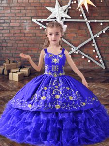 Pretty Blue Straps Neckline Embroidery and Ruffled Layers Kids Formal Wear Sleeveless Lace Up