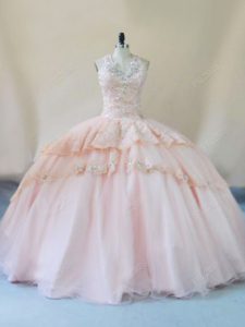 Peach Halter Top Lace Up Beading and Lace and Appliques Quinceanera Gown Sleeveless