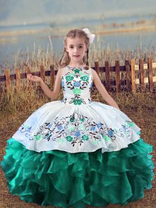 Floor Length Turquoise Girls Pageant Dresses Scoop Sleeveless Lace Up