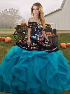 Beautiful Teal Off The Shoulder Lace Up Embroidery and Ruffles Ball Gown Prom Dress Sleeveless
