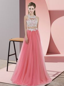 Pretty Sleeveless Tulle Floor Length Zipper Dama Dress for Quinceanera in Watermelon Red with Lace