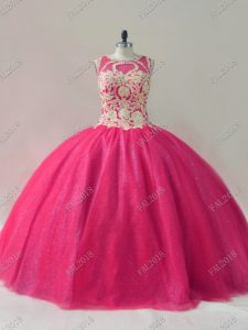 Elegant Ball Gowns Sweet 16 Dresses Hot Pink Scoop Tulle Sleeveless Floor Length Lace Up