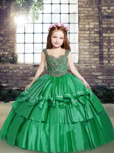 Green Taffeta Lace Up Straps Sleeveless Floor Length Kids Pageant Dress Beading
