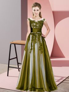 On Sale Floor Length Olive Green Quinceanera Dama Dress Scoop Sleeveless Zipper