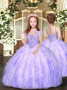 Tulle Straps Sleeveless Lace Up Beading and Ruffles Kids Formal Wear in Lavender