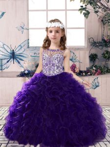 Lovely Purple Organza Lace Up Little Girls Pageant Dress Wholesale Sleeveless Floor Length Beading and Ruffles
