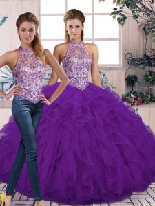 Beautiful Tulle Halter Top Sleeveless Lace Up Beading and Ruffles 15 Quinceanera Dress in Purple