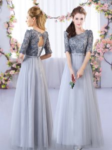 Top Selling Grey Empire Tulle Scoop Half Sleeves Appliques Floor Length Lace Up Quinceanera Court Dresses