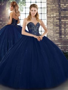 Beautiful Sweetheart Sleeveless Lace Up Quinceanera Dresses Navy Blue Tulle