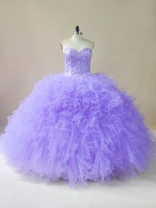 Popular Sleeveless Floor Length Beading and Ruffles Lace Up Sweet 16 Quinceanera Dress with Lavender