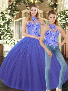 Sleeveless Floor Length Embroidery Lace Up Sweet 16 Dresses with Blue