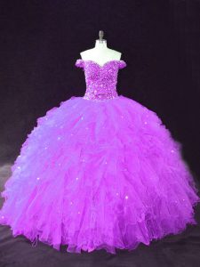 Purple Off The Shoulder Neckline Beading and Ruffles Quinceanera Dresses Sleeveless Lace Up