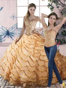 Flare Gold Sleeveless Organza Brush Train Lace Up 15 Quinceanera Dress for Sweet 16 and Quinceanera