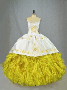On Sale Yellow Sleeveless Brush Train Beading and Embroidery and Ruffles Sweet 16 Dress