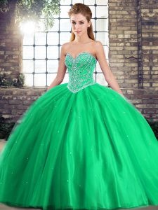 Fitting Green Tulle Lace Up Quinceanera Gowns Sleeveless Brush Train Beading