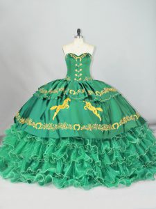 Elegant Green Lace Up Quinceanera Gowns Sleeveless Brush Train Embroidery and Ruffled Layers