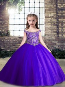 Great Purple Sleeveless Beading Floor Length Kids Pageant Dress