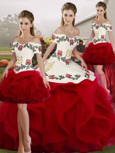 Floor Length Lace Up Quinceanera Dresses White And Red for Military Ball and Sweet 16 and Quinceanera with Embroidery and Ruffles
