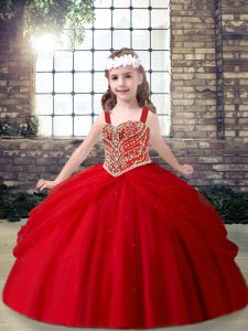 Inexpensive Beading Pageant Gowns For Girls Red Lace Up Sleeveless Floor Length