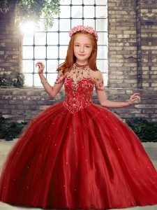 Trendy Red Lace Up High-neck Beading Little Girl Pageant Gowns Tulle Sleeveless