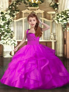Floor Length Lace Up Kids Formal Wear Fuchsia for Party and Sweet 16 and Wedding Party with Ruffles