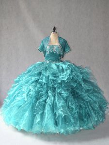 New Arrival Turquoise Organza Lace Up Strapless Sleeveless Floor Length Sweet 16 Quinceanera Dress Beading