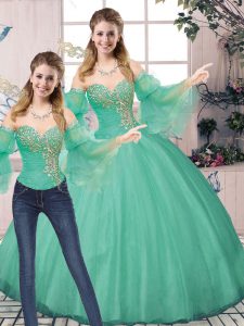 Customized Turquoise Lace Up Quinceanera Dresses Beading Sleeveless Floor Length