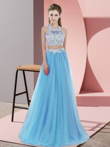 Eye-catching Two Pieces Court Dresses for Sweet 16 Baby Blue Halter Top Tulle Sleeveless Floor Length Zipper
