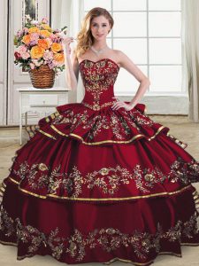 Luxury Wine Red Lace Up Quinceanera Gown Embroidery and Ruffled Layers Sleeveless Floor Length